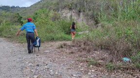 Perverted old man fucks his busty stepdaughter in the jungle outdoors