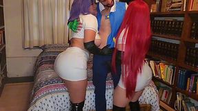 Dressed up latina girls share a big dick in a small bed